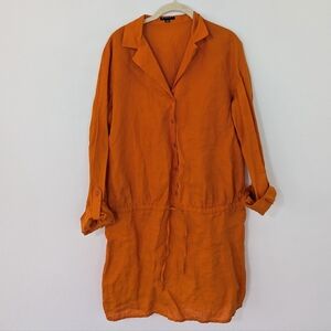 Sisley Linen Knee Length Shirt Dress Adjustable Waist Collared Roll Tab Large L